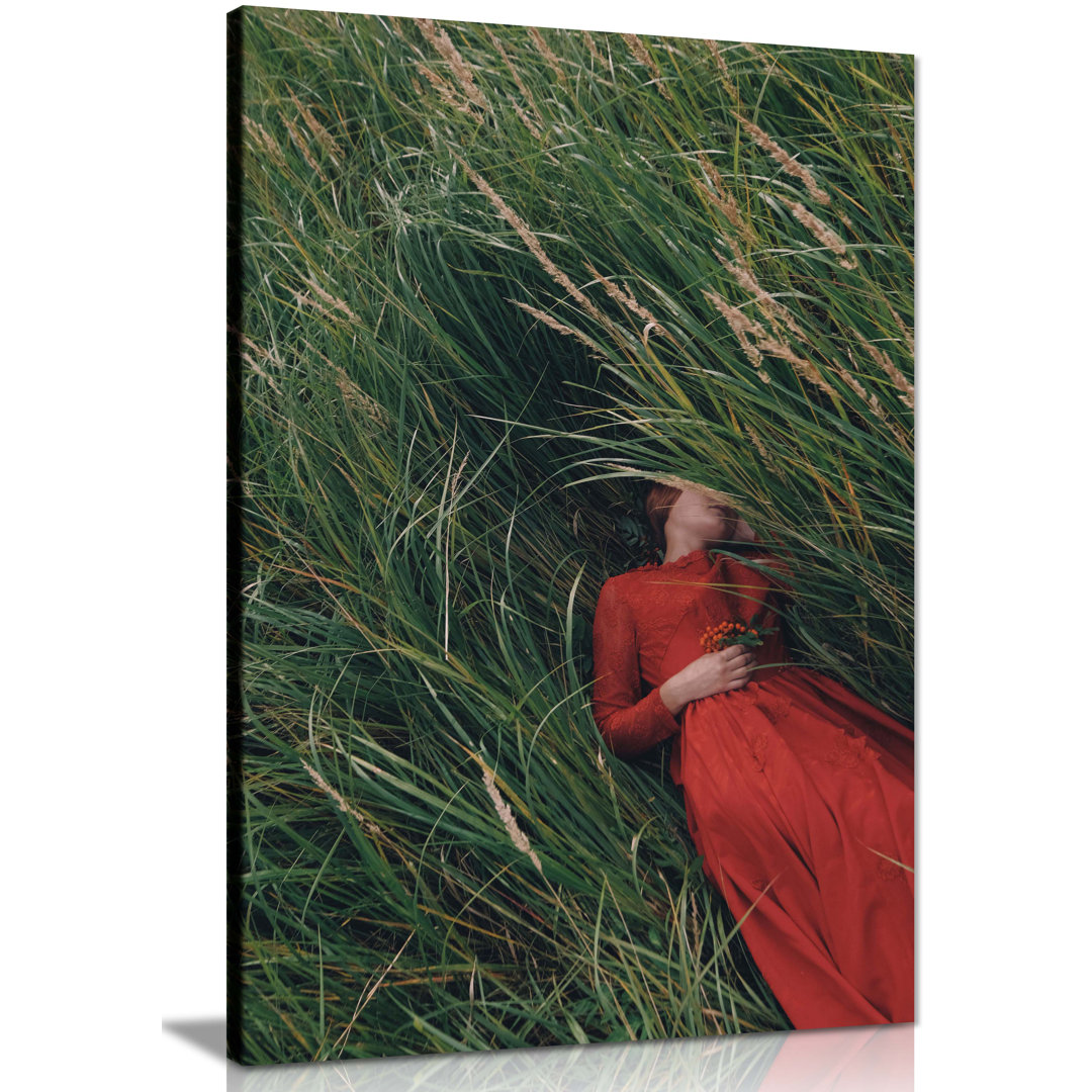Panther Print Fine Art Prints Woman in Red dress Laying on Grass Artistic Framed Canvas Prints, Pictures for Home Walls, Bedroom, Living Room and Bath