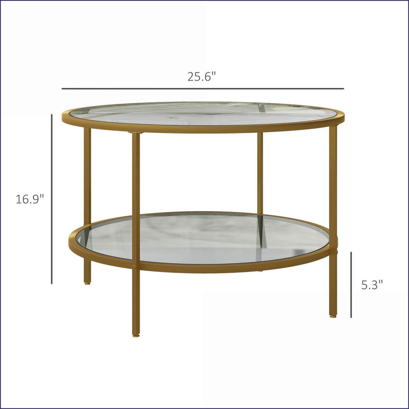 HOMCOM Round Coffee Table with 2-Tier Storage, Gold Tempered Glass &amp; Steel Frame for Living Room, Easy-Clean