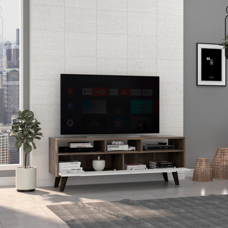 TV Stand For Tvs Up To 51 Inches With Two Drawers, Four Legs, And Three Open Shelves For Enhanced Storage And Stability