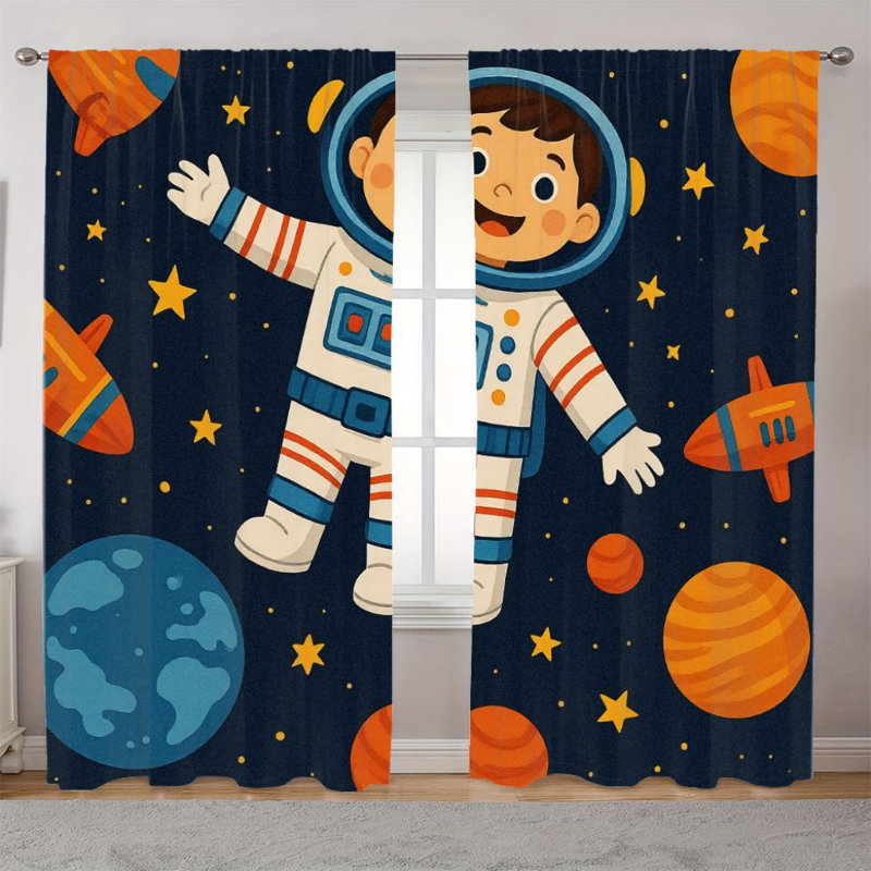 2Pcs Rideaux astronautes spatiaux, galaxie de dessin animé, planètes, fusée, motif d'étoiles, décor de fenêtre, rideaux pour le salon, cuisine, poche à tringle