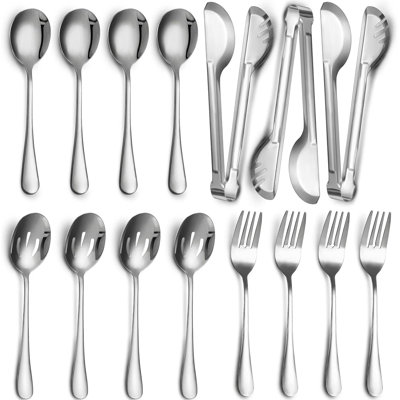 Ensemble d'ustensiles de service 15 pièces en acier inoxydable - grandes cuillères, cuillère à rainures, pinces et fourchettes pour mariage, fête, buffet, banquet, restauration et cuisine