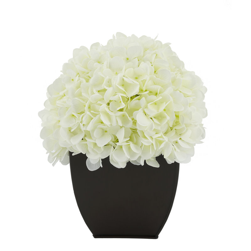 Fabric Hydrangea Arrangement in Pot, White, Black