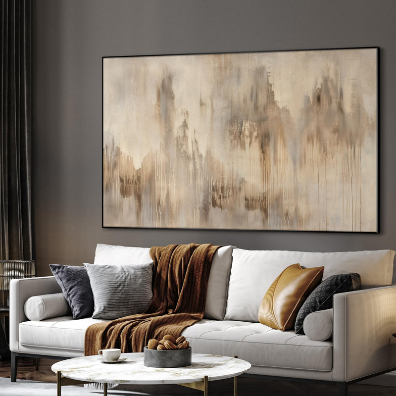 Extra Large Wall Art Fabric Print - Neutral Abstract Soft Beige and Taupe Waterfall-Inspired Illustration Artwork Decor for Living Room or Bedroom - "Frame Assembly Required (Unfinished Frame)"