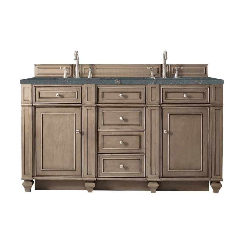 Meuble-lavabo double 60 po Bristol avec chargeur sans fil FreePower, Noyer blanchi, Bleu Parisien