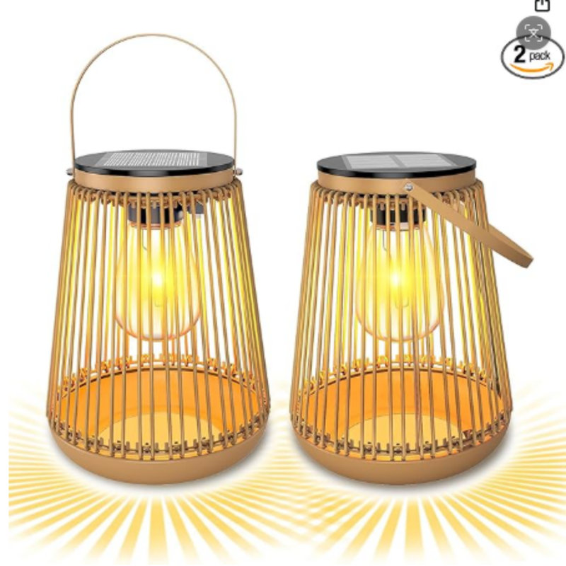 2 Pack Woven Rattan Solar Outdoor Lantern, Waterproof 2700K Warm White LED Garden Light