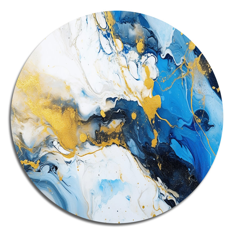 Bleu et or, art abstrait fluide de luxe IV - Art abstrait rond en métal, H 16 po x l 16 po