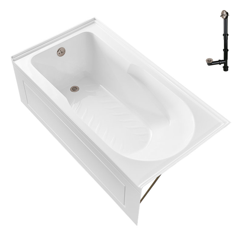 Baignoire en alcôve en acrylique blanc brillant avec drain extérieur 60 po x 32 po Streamline, Nickel brossé