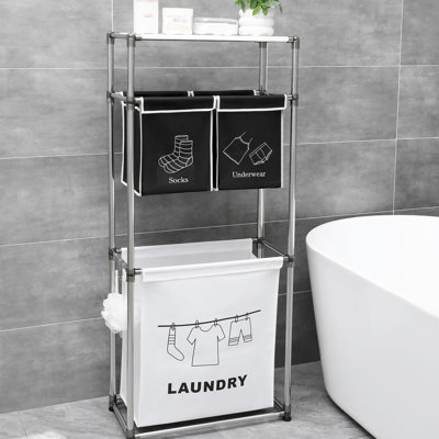Trieur de paniers à linge noir et blanc, 3 niveaux, 4 sacs, assez d'espace pour les articles de toilette avec panier amovible imperméable, support de fer stable, trieur de vêtements