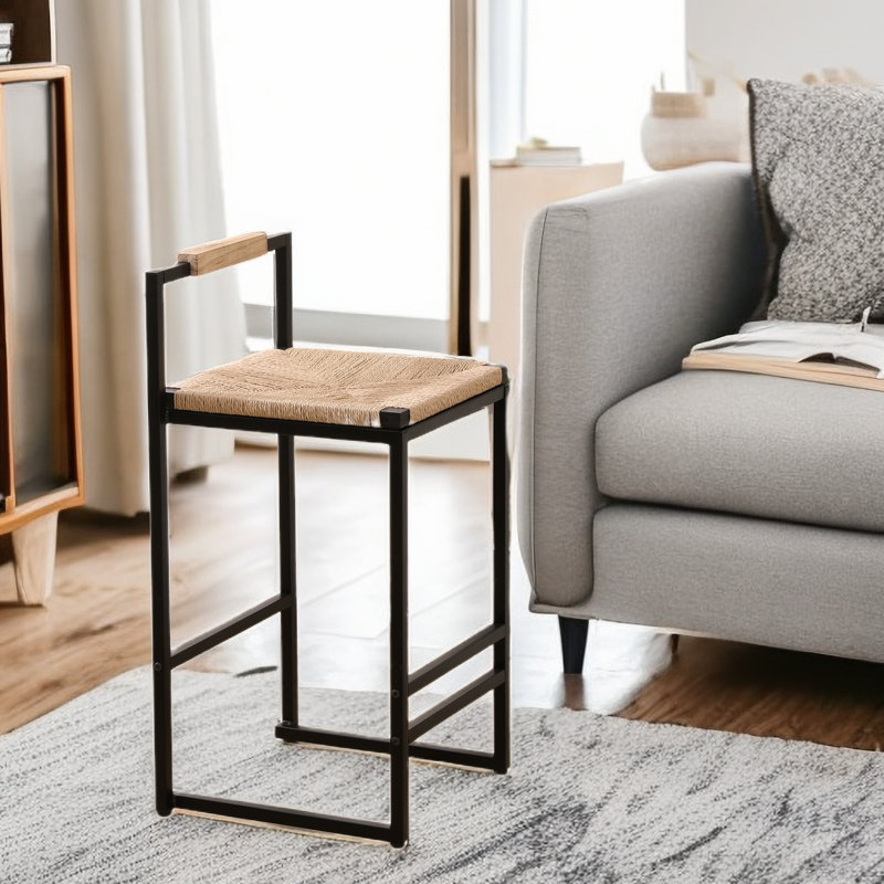 Set Of 2 Bar Stools With Woven Paper Rope Seat And Back