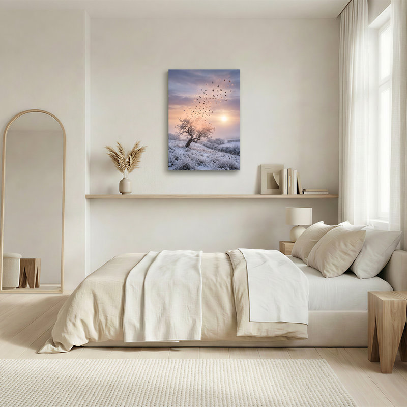 Toile givrée «Winter Tree with Birds Rising Into Sunrise Sky», art mural, 48"H x 32"W