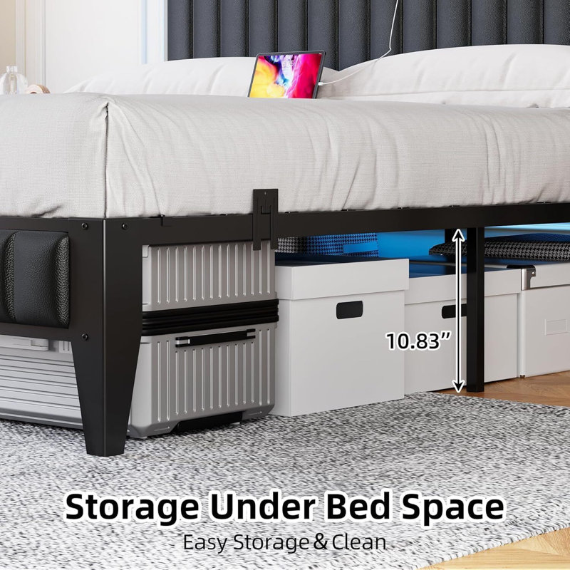 Bed Frame With LED Light And Charging Station, With Storage Headboard, Queen, Black