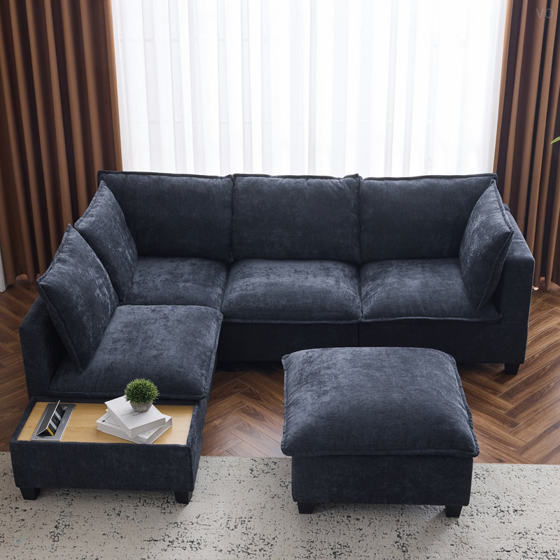 90" U-Shaped Sectional Sofa Modular Sofa Couch With A Movable Ottoman , A Coffee Table With Hidden Charging Devices For Living Room