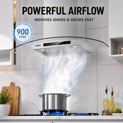 900 CFM Ducted Wall Mount Range Hood 30 Inch with Remote, Gesture & Touch Control, Stainless Steel Kitchen Hood with Dishwasher-Safe Baffle Filters and Adjustable LED Lights