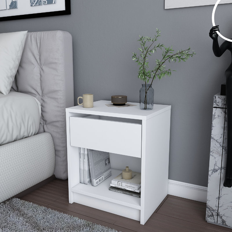 Table de chevet blanche moderne, 17,6 po x 14,1 po x 20,8 po | 100% panneau de particules enduit de mélamine, épaisseur: 0,7 pouce | Conception scandinave, solution de rangement élégante pour la chambre à coucher et le salon, durable et élégante