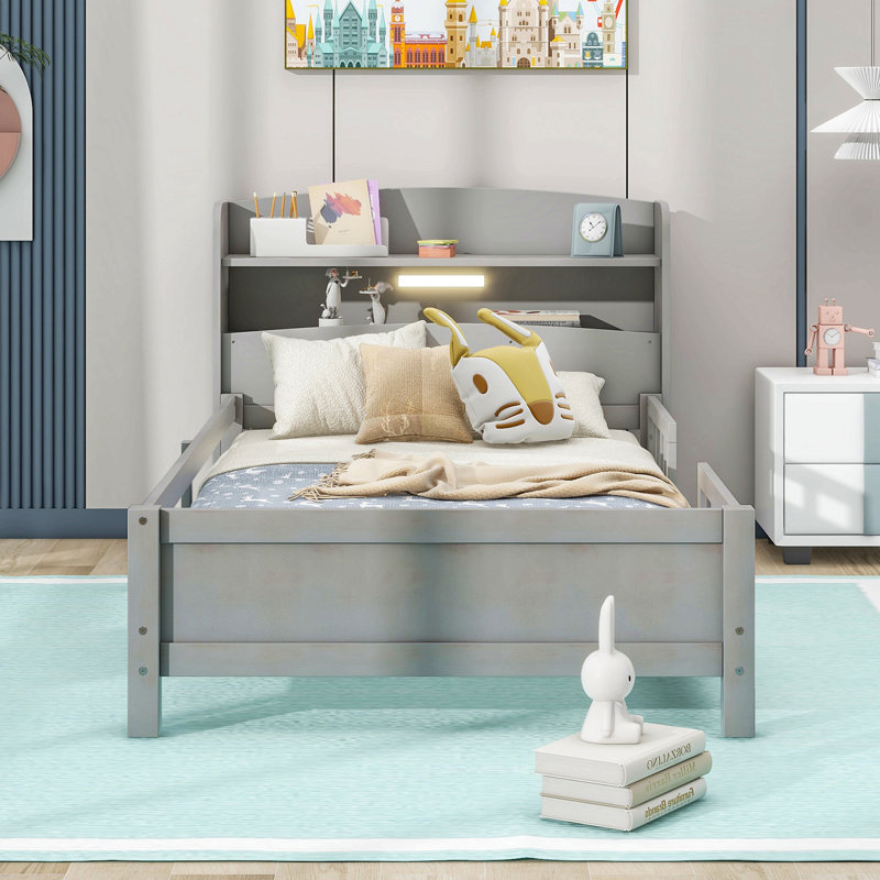 Lit plateforme simple en bois avec éclairage à DEL intégré, tête de lit avec rangement et garde-corps, Gris antique