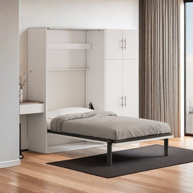Lit escamotable avec casiers et armoires escamotables, blanc, Simple