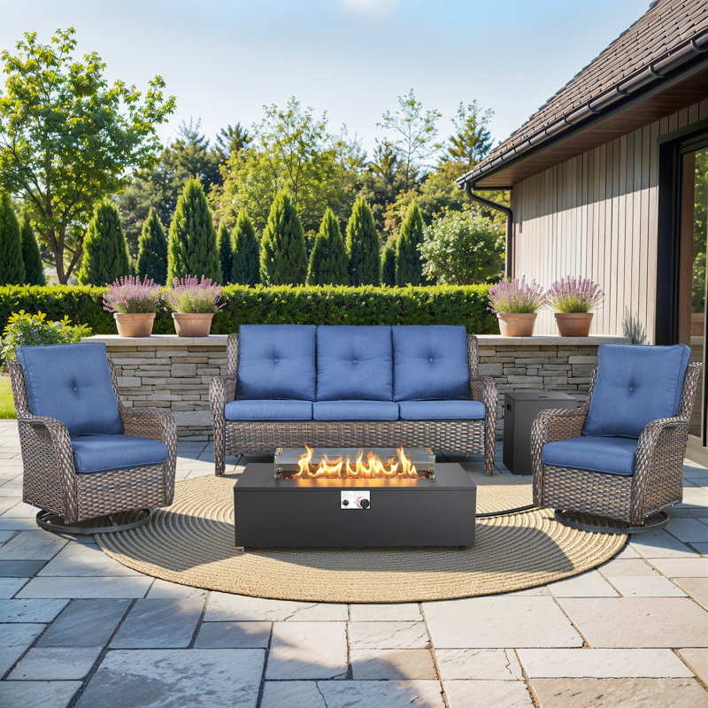 Deeomninia 4-Piece All Weather Wicker Patio Conversation Set With Swivel Gliders And Split Fire Pit Table