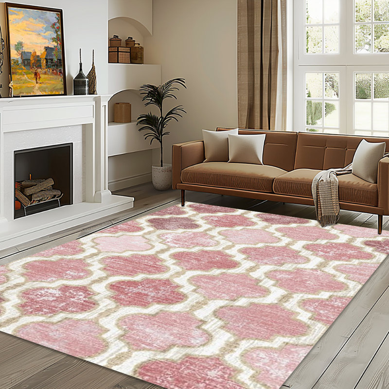 Vintage Geometric Area Rug, Pink Quatrefoil Accent Rug with Non-Slip Backing, Stain-Resistant Durable Carpet for Entryway, Living Room, Bedroom, Home Decor (Multiple Sizes)