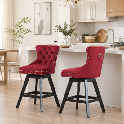 Ensemble de 2 tabourets pivotants avec décoration capitonnée à boutons et pieds en bois, chaises de bar avec garniture cloutée
