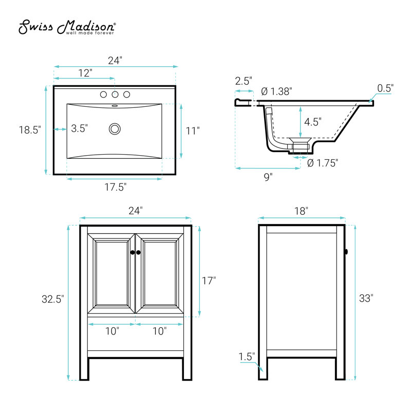 Château 24" Freestanding Bathroom Vanity Oak with Sink Top, Black, White, 4" Centers