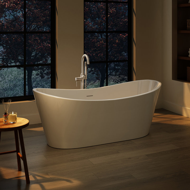 Herschel 60" x 28.74" Solid Surface Freestanding White Acrylic Soaking Bathtub, with Overflow and Brushed Gold Pop-up Drain