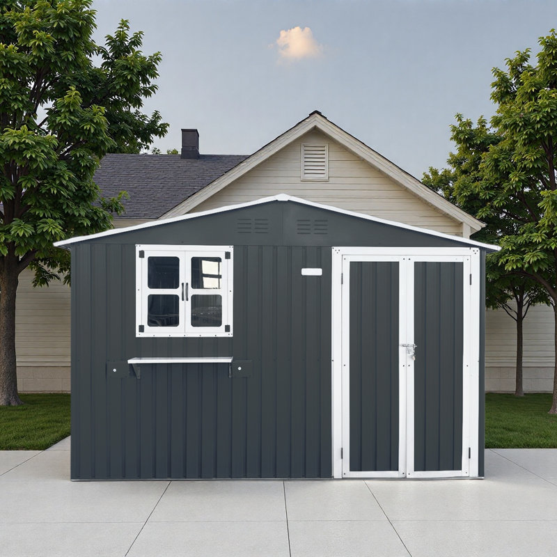 10x8 FT Outdoor Metal Storage Shed with Window & Flower Rack, Lockable Double Doors Tool Shed, Waterproof Weatherproof Garden Shed for Backyard Patio