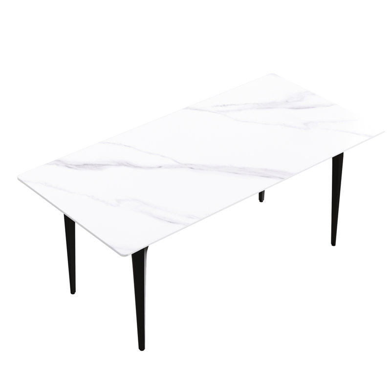 Table de salle à manger blanche 72,78 "avec support stable - plateau en pierre frittée, pieds en métal noir, peut accueillir 6 à 8 personnes, feu, surface à gratter, panneau artificiel moderne à utilisation à long terme, base de pied, à décoloration, rayures,