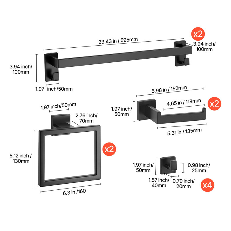 Ensemble de quincaillerie de salle de bain 10 pièces noir mat, barres à serviettes, supports et accessoires en acier inoxydable