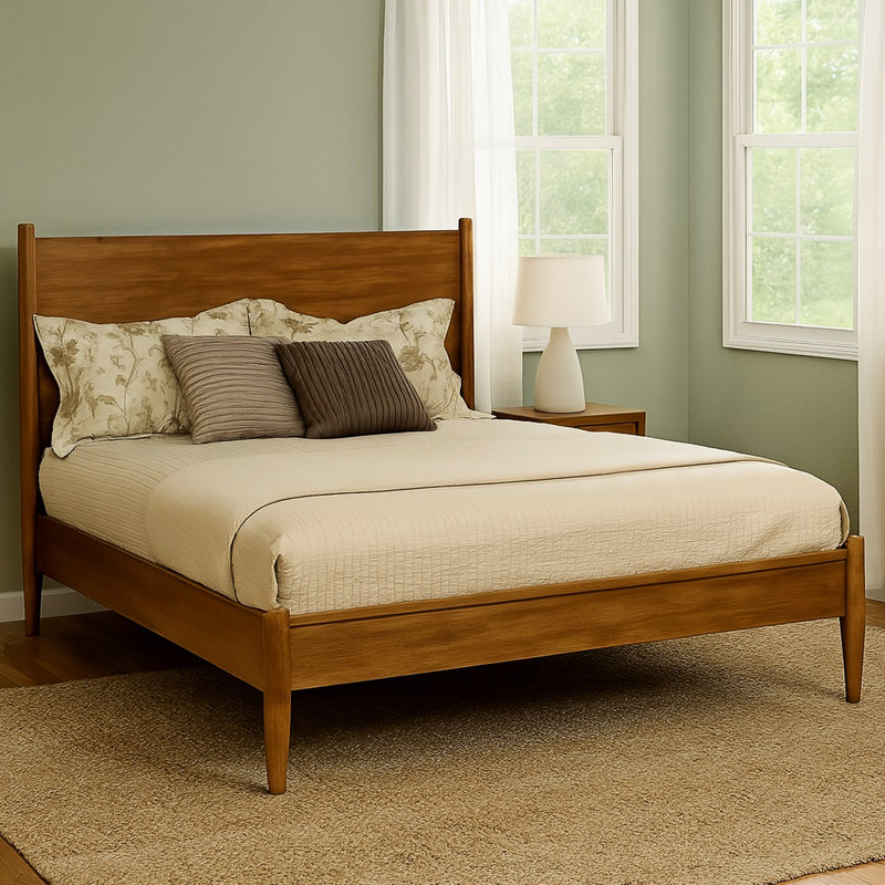 King Mid - Century Bed With Oak Finish, Slat Kit, No Box Spring, And Solid Wood Structure For Bedroom Modern Platform In Color, Round Tapered Legs, Build, Mattress Adapting Base