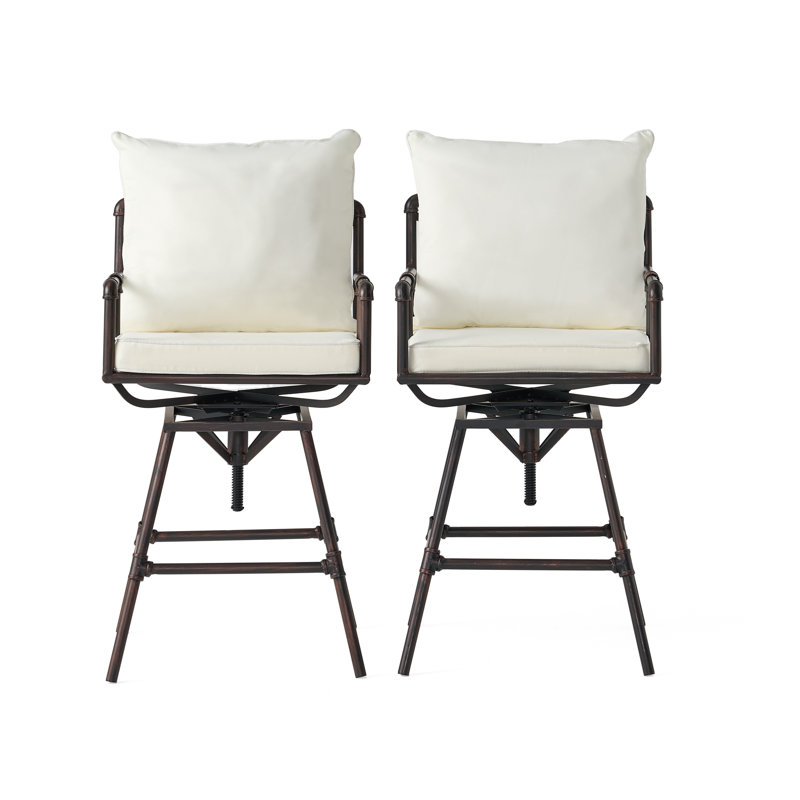 Metal Outdoor 26.5'' Counter Stool with Cushion, Black Frame / Beige Cushion