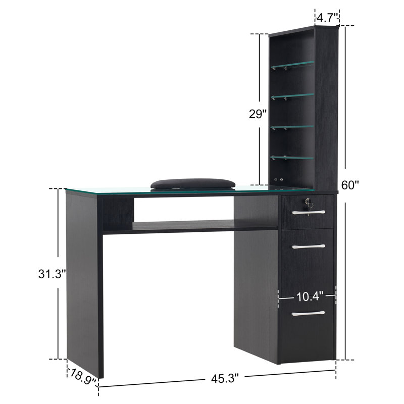 Classic Nail Desk with Glass Table Top, Glass Shelves and Lockable Drawer, Vanity Makeup Desk, Black