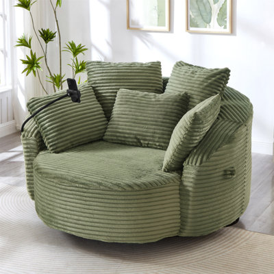 Fauteuil d'appoint rond en velours côtelé 360 ° avec 5 coussins décoratifs et support de téléphone réglable pour le salon, la chambre à coucher, le bureau et l'hôtel