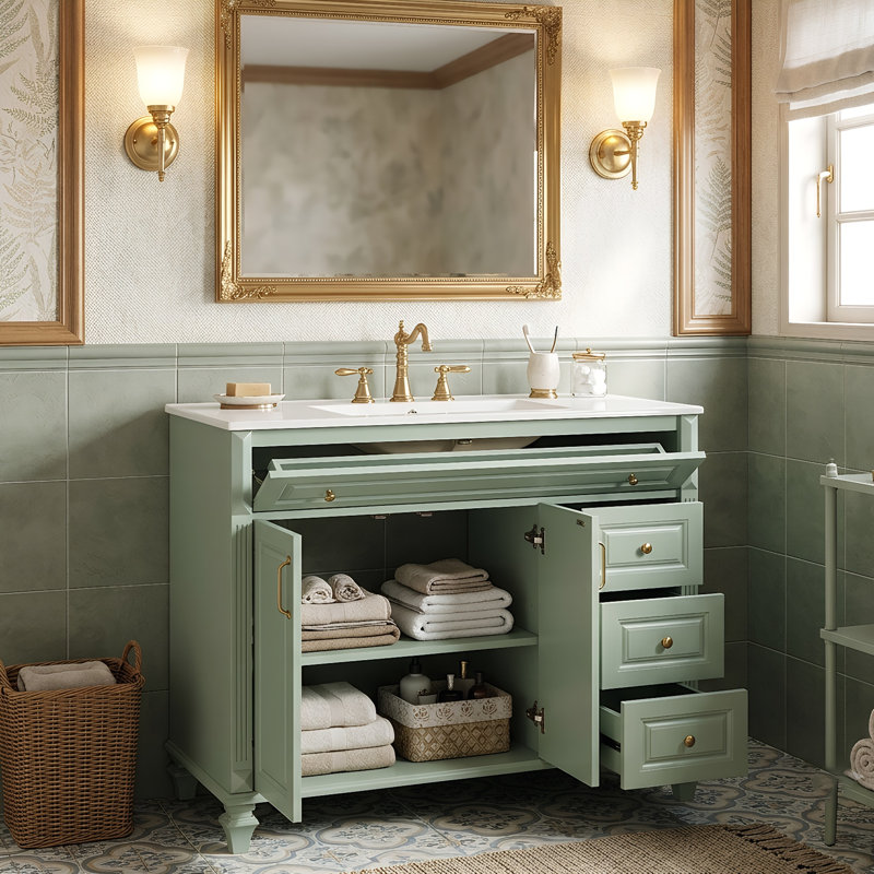Meuble-lavabo autoportant de 91 cm (36 po) avec tiroir inclinable, lavabo en céramique, cadre en bois massif, 3 tiroirs et tablette réglable (noir/vert/blanc/indigo)
