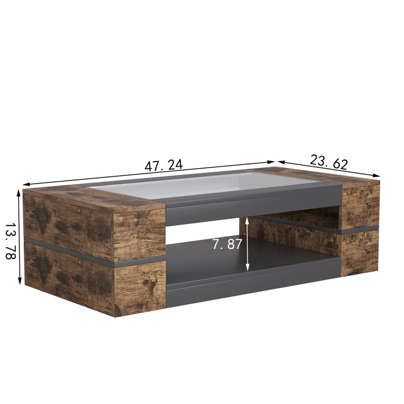 Modern Style High Glass Coffee Table for Living Room, Rustic Brown/Black