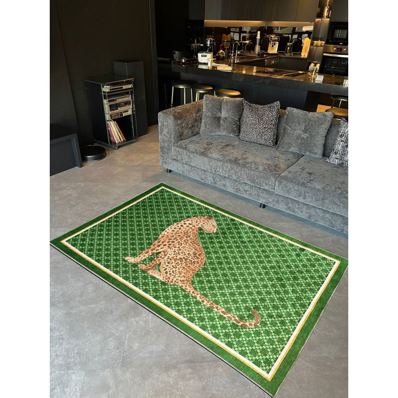 Tapis vert tissé à motif léopard, Tapis de couloir 3 pi 3,37 po x 9 pi 10,11 po