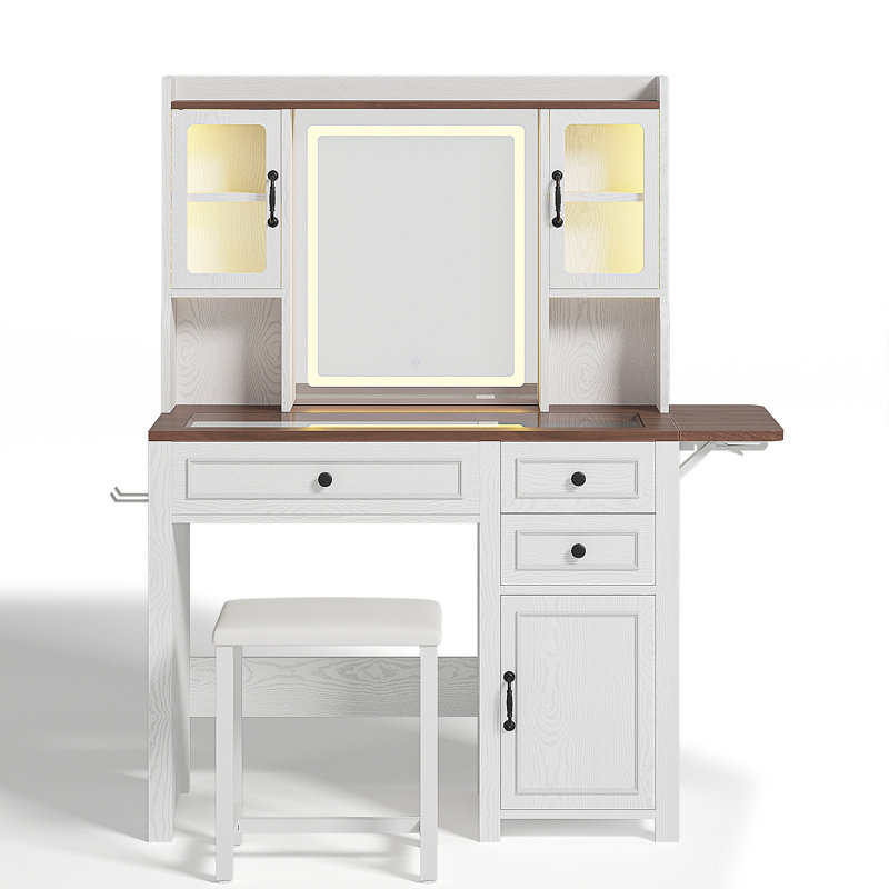 Ensemble de coiffeuse de maquillage de style campagne moderne avec miroir et lumières, luminosité réglable, bureau de coiffeuse avec verre trempé intégré, panneau pliant, prise de courant et tabouret de coiffeuse