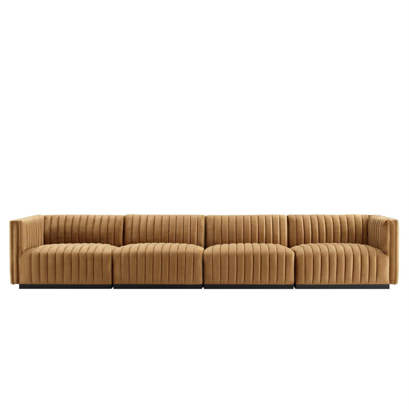 Conjure Channel Tufted Sofa by Modway, Cognac Velvet, Black, 28" H x 119" W x 41.5" D
