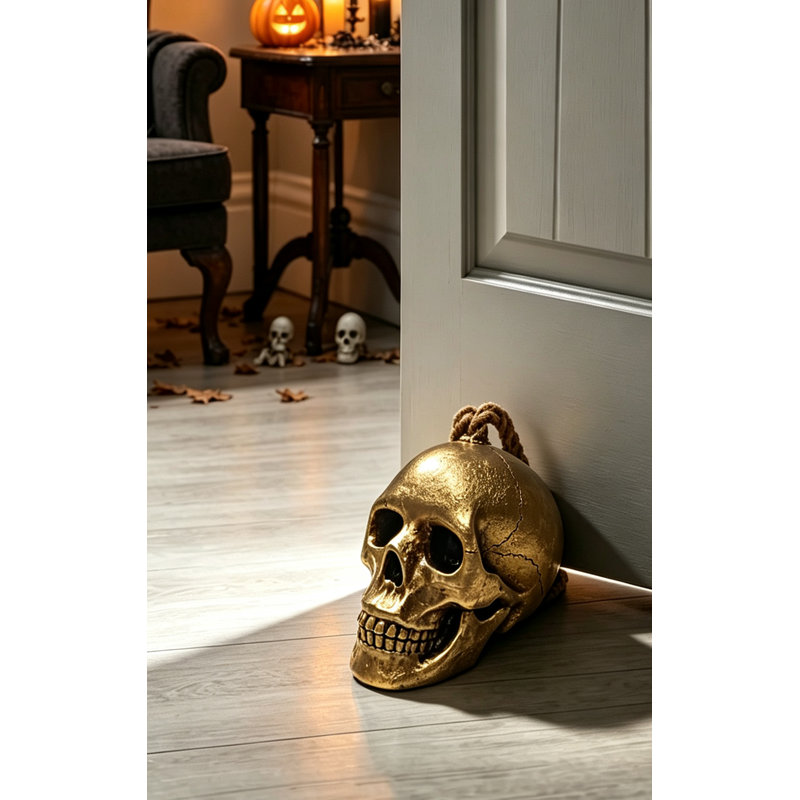 Butoir de porte en forme de crâne doré, décor d'Halloween gothique