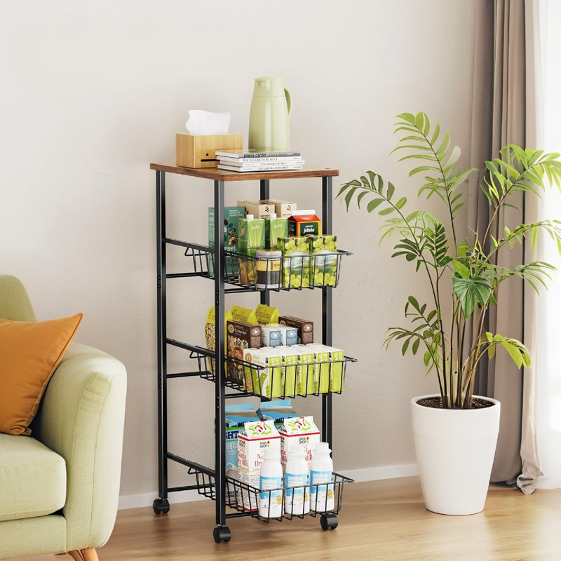 4-Tier Rolling Kitchen Organizer Cart With Slide-Out Baskets And Tabletop For Efficient Food Storage And Snack Organization (Modern, Space-Saving Design)