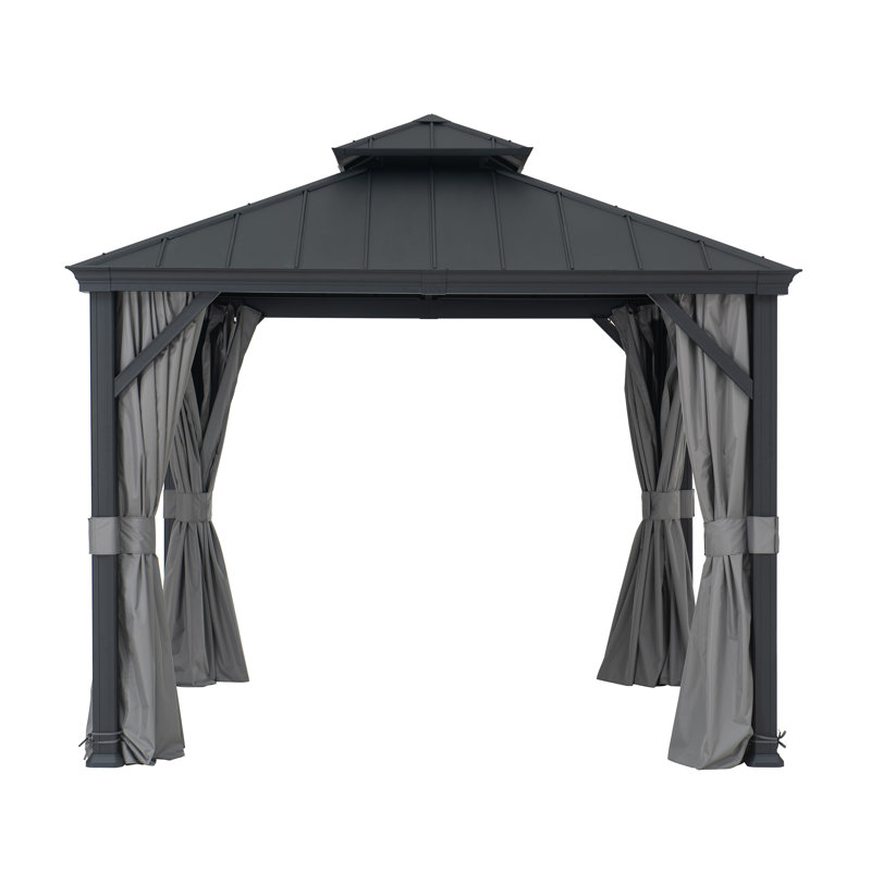 Sunjoy 10 ft. x 10 ft. Black Aluminum Frame Gazebo with Gray Curtains