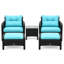 Ensemble de conversation cinq pièces en osier tressé, inspiré du style côtier, avec coussins, poufs et table basse en verre, idéal pour les patios et les jardins.-520667354
