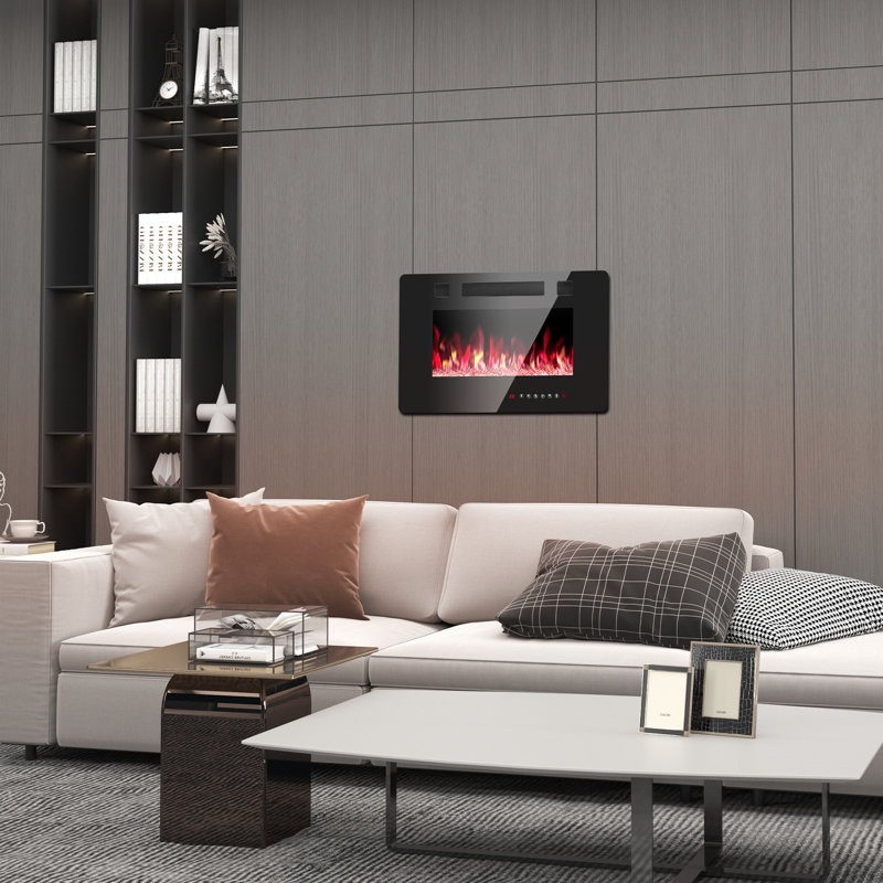 Foyer électrique ultra-mince, radiateur encastré mural et encastré avec télécommande, 5100 BTU, modes flamme et cristal en 12 couleurs, minuterie, mode veille