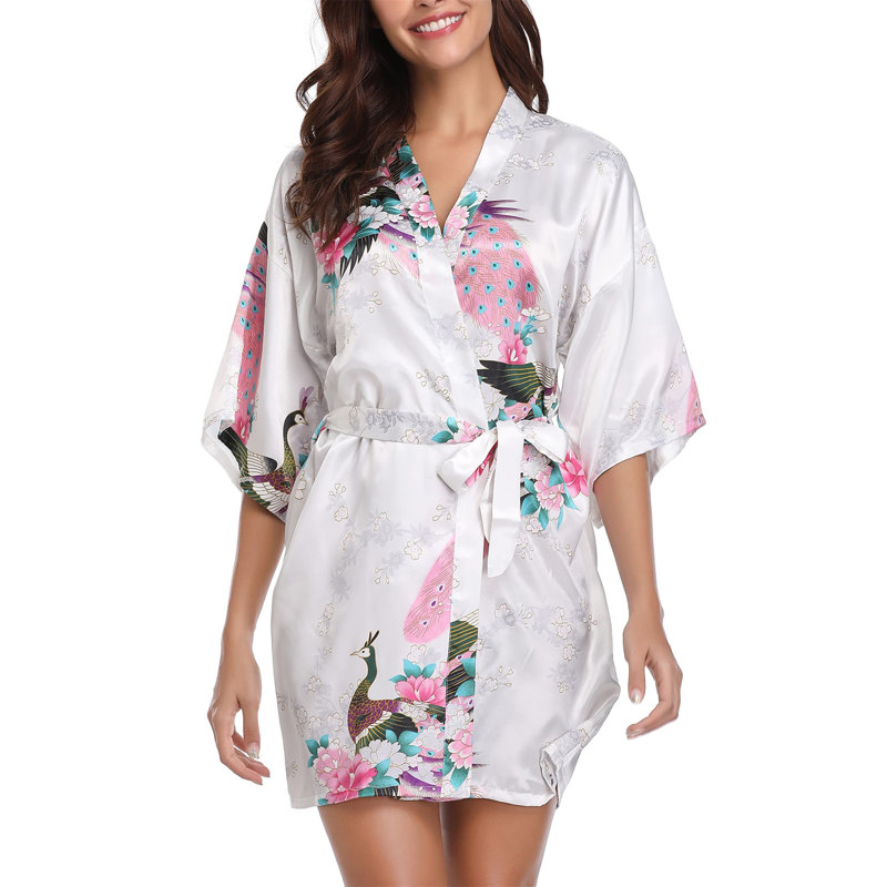Cerritos Satin Above Knee Bathrobe, S, White