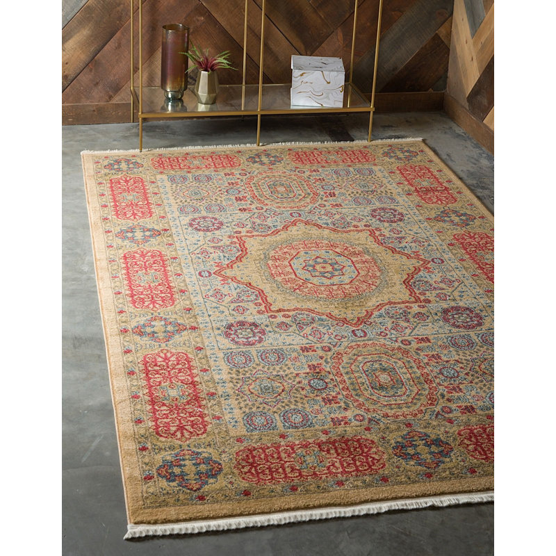 Tapis oriental vert clair et beige foncée Ophelia, Rectangle 7 pi 1 po x 10 pi, Green/Tan
