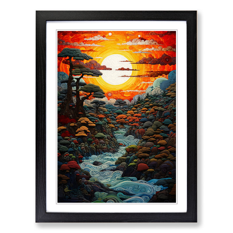 Japanese Sunset Expressionism No.2 - Single Picture Frame Print on Wood, Black, 64cm H x 46cm W x 2cm D