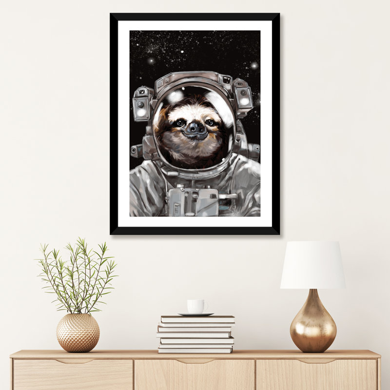 « astronaute sloth selfie », art, H 32 po x l 24 po x P 1 po, Papier avec cadre noir
