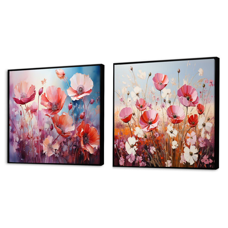 «Pink Crimson Flower Meadow Field», ensemble de 2 collages floraux carrés, Cadre flottant noir, H 16 po x l 33 po
