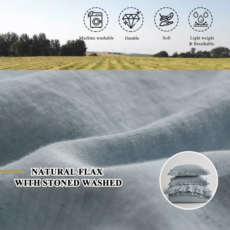 Dusty Blue King Size Linen Ruffled Duvet Cover Set