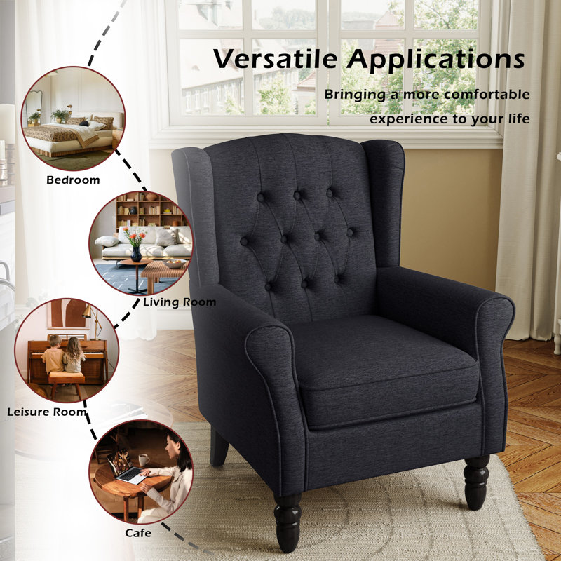 Duward 74Cm Wide Tufted Wingback Armchair with Solid Wood Legs, Black Blue Polyester Blend