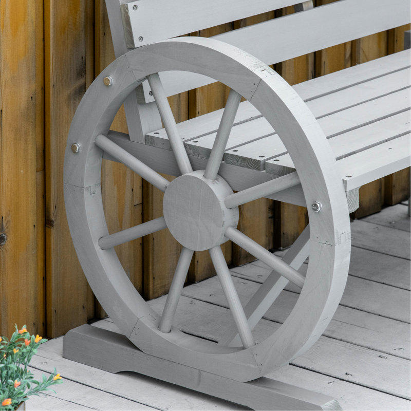 Outdoor Rustic 2 Bench - 41" Wooden Wagon Wheel, Gray, Weather , , Solid Fir Wood Construction Gray Bench, With Wheel And Weather- Seat